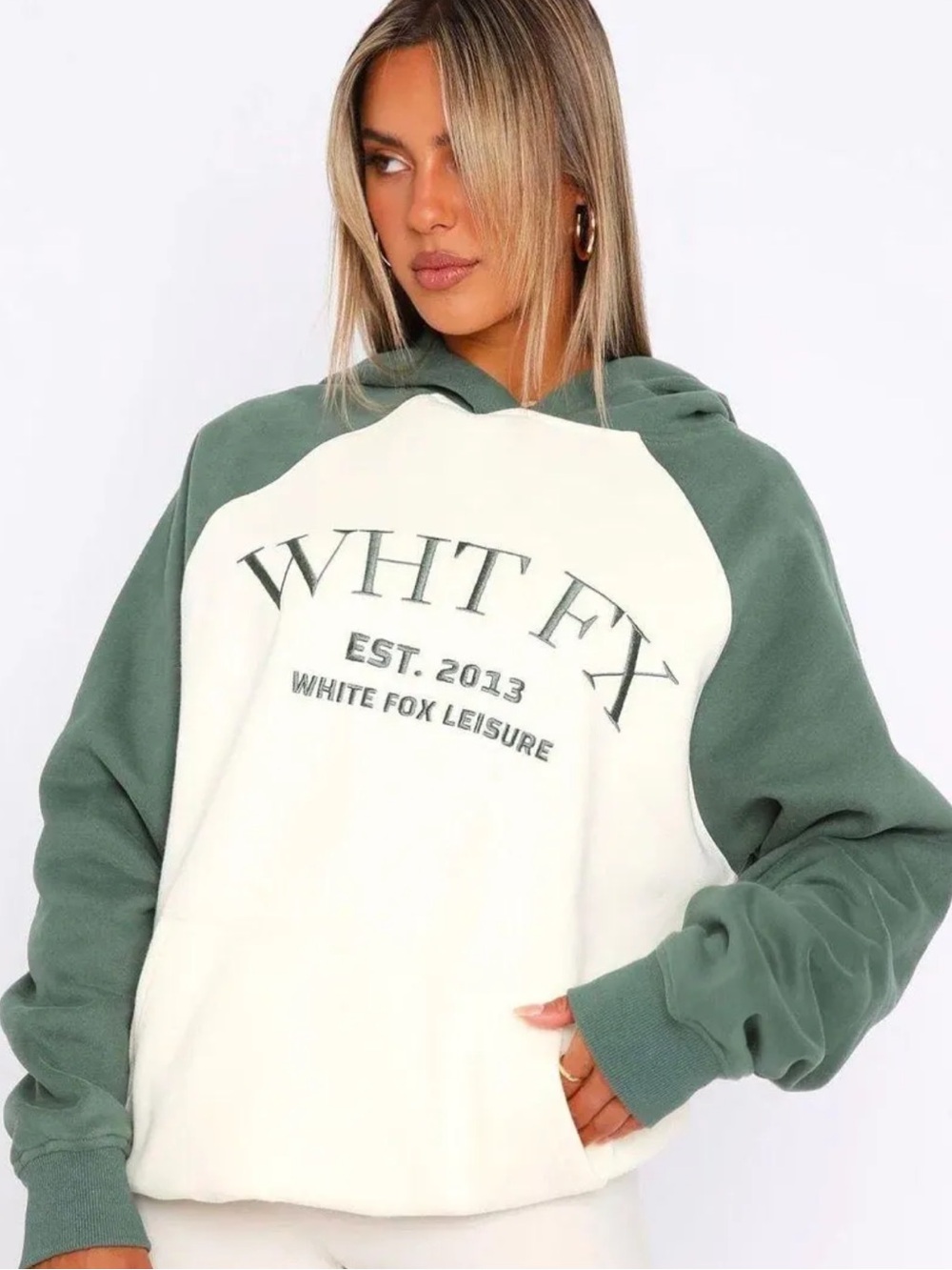 White Fox Boutique Sage Green & Cream Logo Hoodie